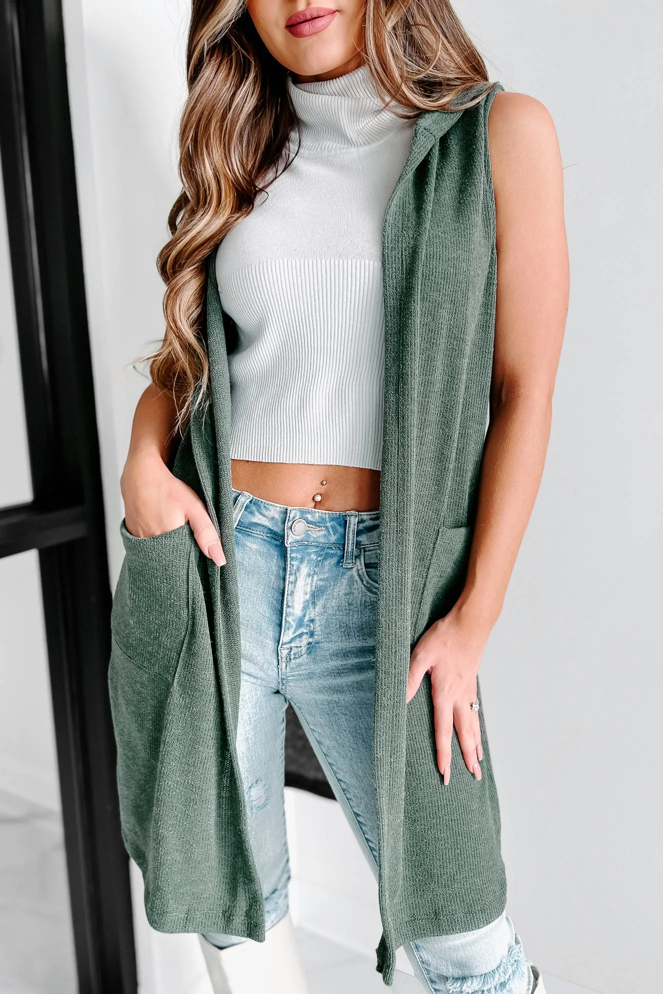 Make Me Proud Hooded Waffle Knit Vest (Olive)