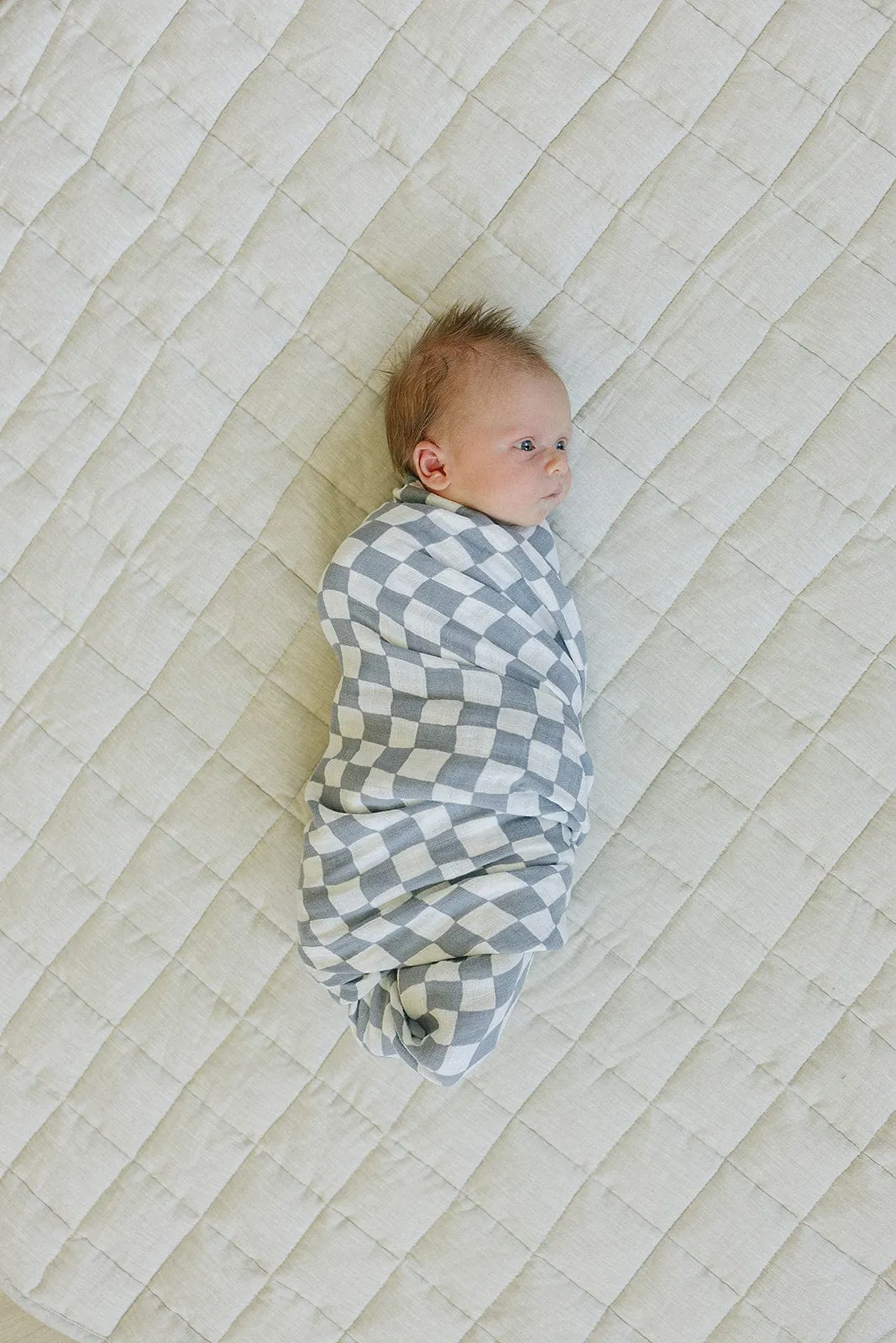 Mebie Baby Dusty Blue Wavy Checkered Muslin Swaddle Blanket *