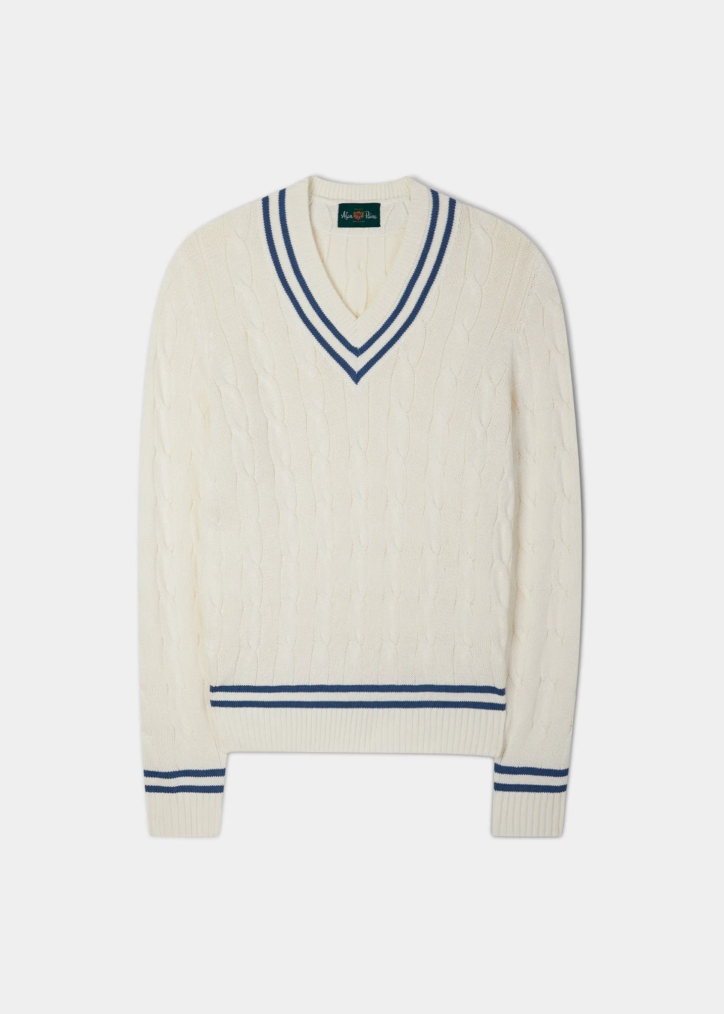 Men's Cable Knit Cricket Jumper In Ecru & Airforce - Alan Paine UK