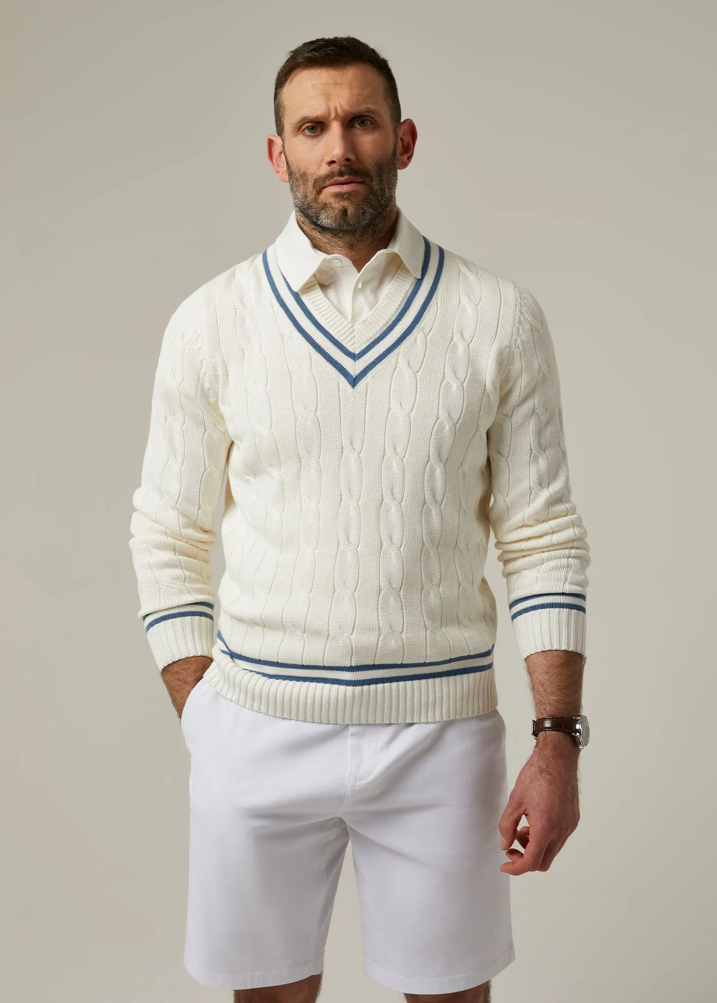 Men's Cable Knit Cricket Jumper In Ecru & Airforce - Alan Paine UK