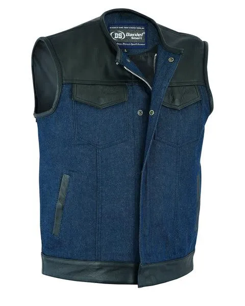 Men’s Leather/Denim Combo Vest (Black/Broken Blue)