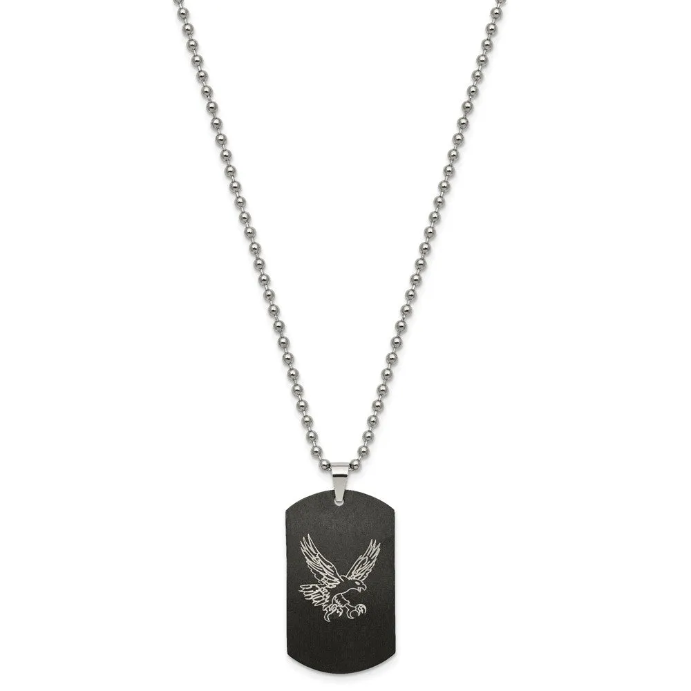 Mens Stainless Steel Black Plated & CZ Eagle Dog Tag Necklace, 22 Inch