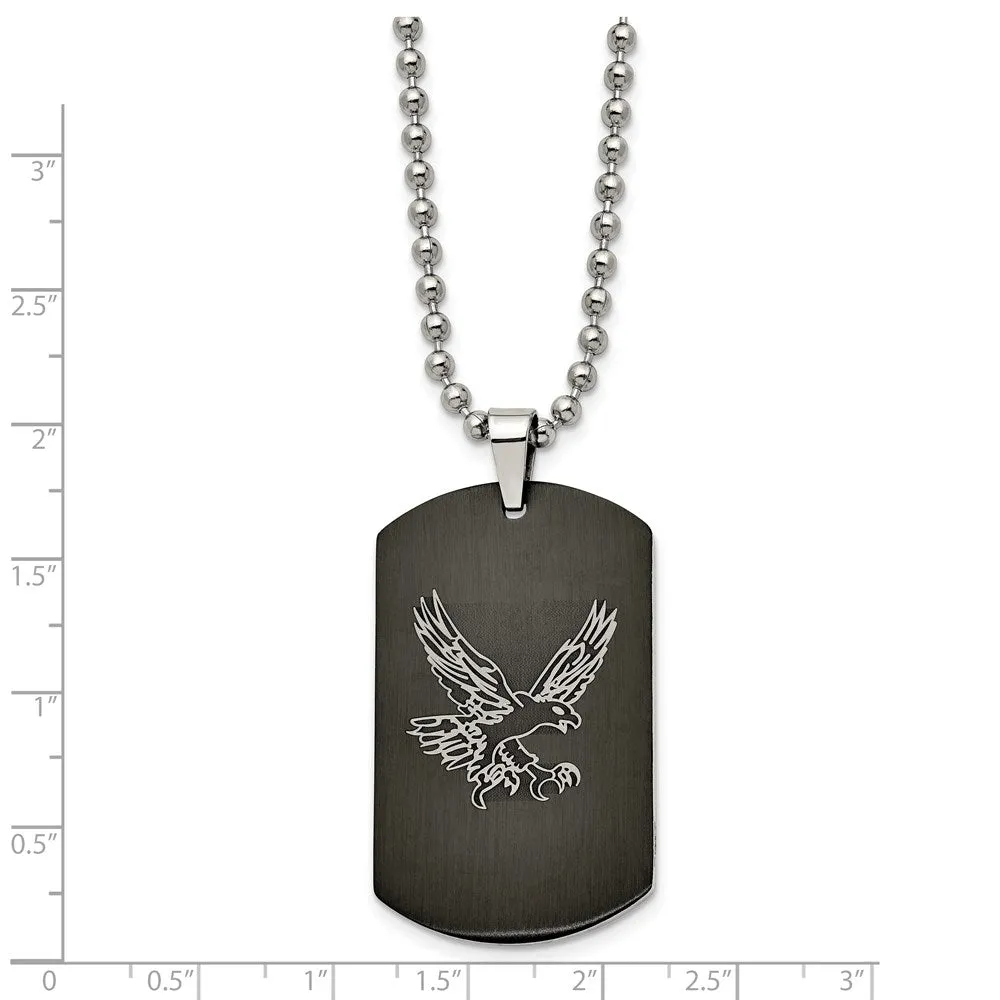 Mens Stainless Steel Black Plated & CZ Eagle Dog Tag Necklace, 22 Inch