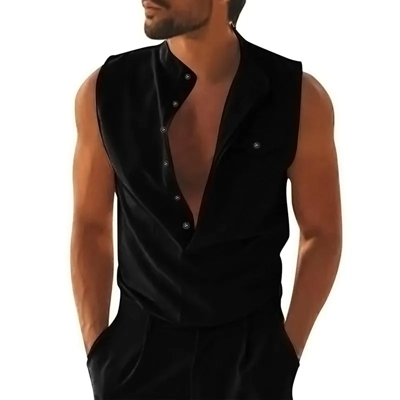 Men's Stand Collar Double Placket Solid Sleeveless Pocket Cotton Linen Tank Top 82966809Z