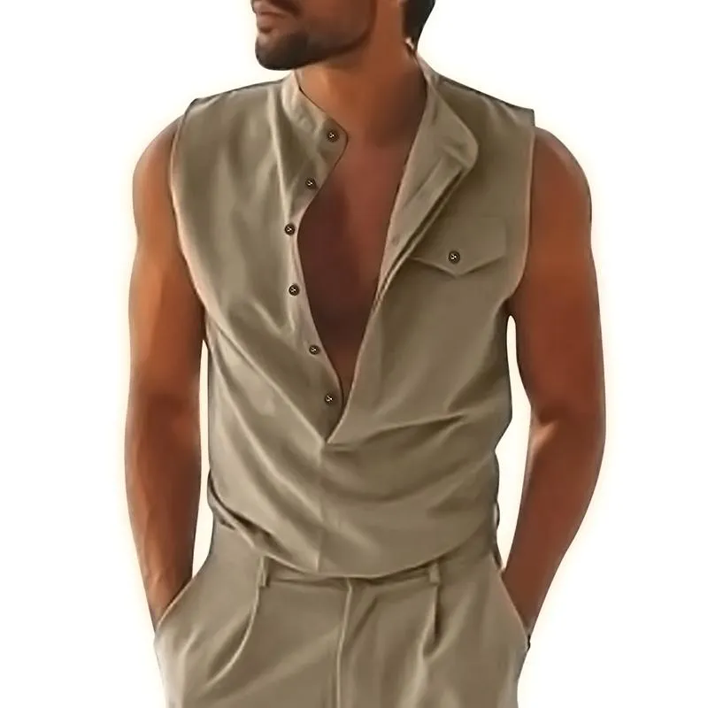 Men's Stand Collar Double Placket Solid Sleeveless Pocket Cotton Linen Tank Top 82966809Z