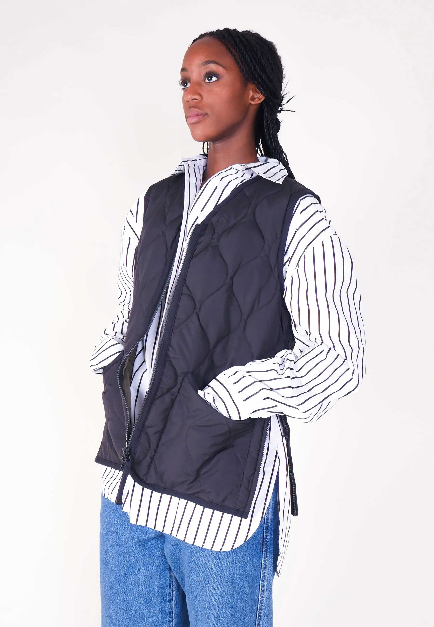 Military Zip V Neck Down Vest - Black