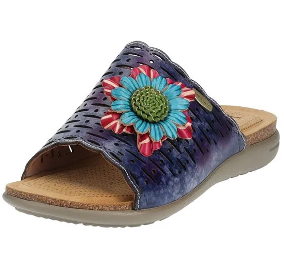 Mules d'été femme Laura Vita en cuir véritable avec décoration florale LILOO 11 bleu