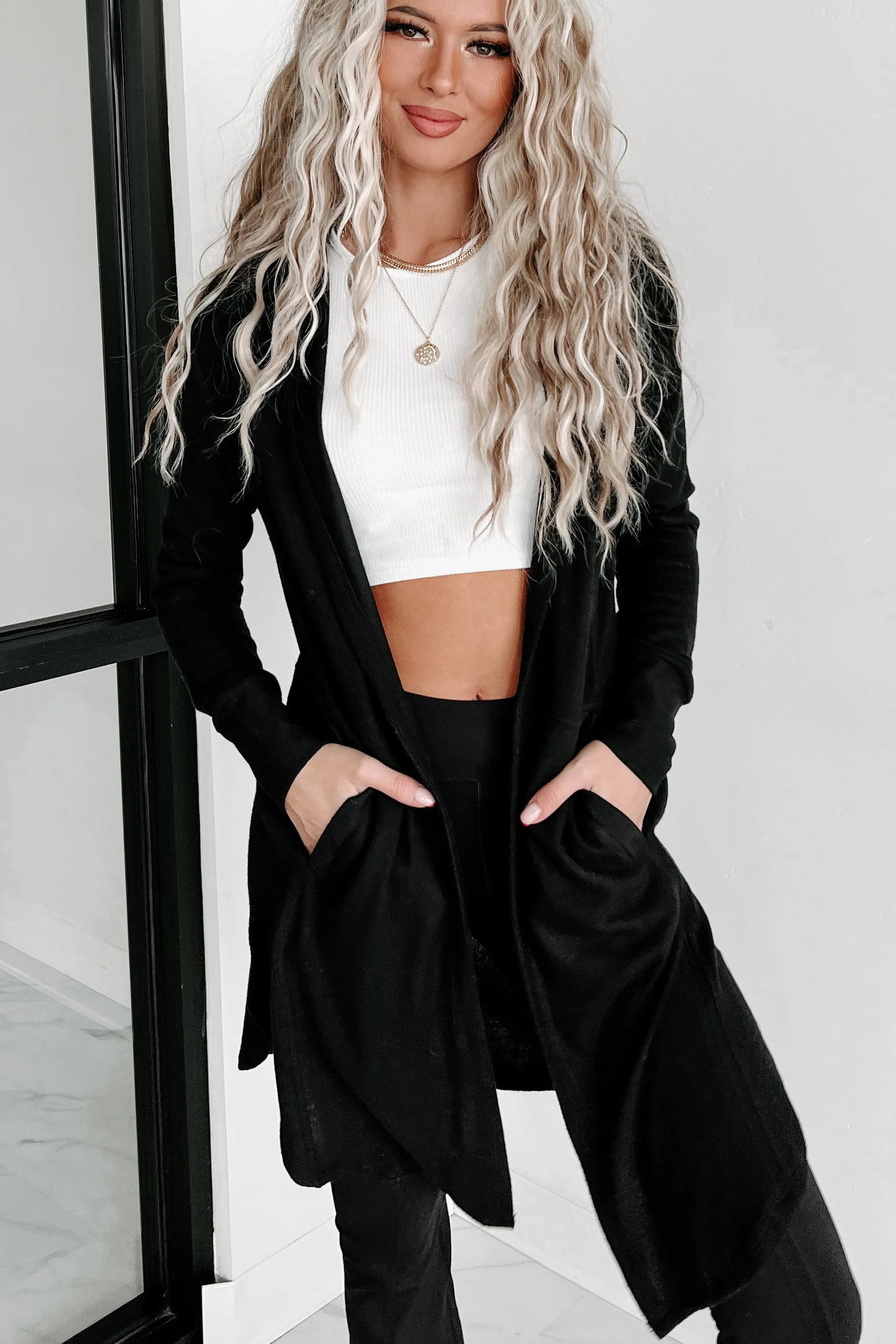 Nadia Open Front Hooded Cardigan (Black)