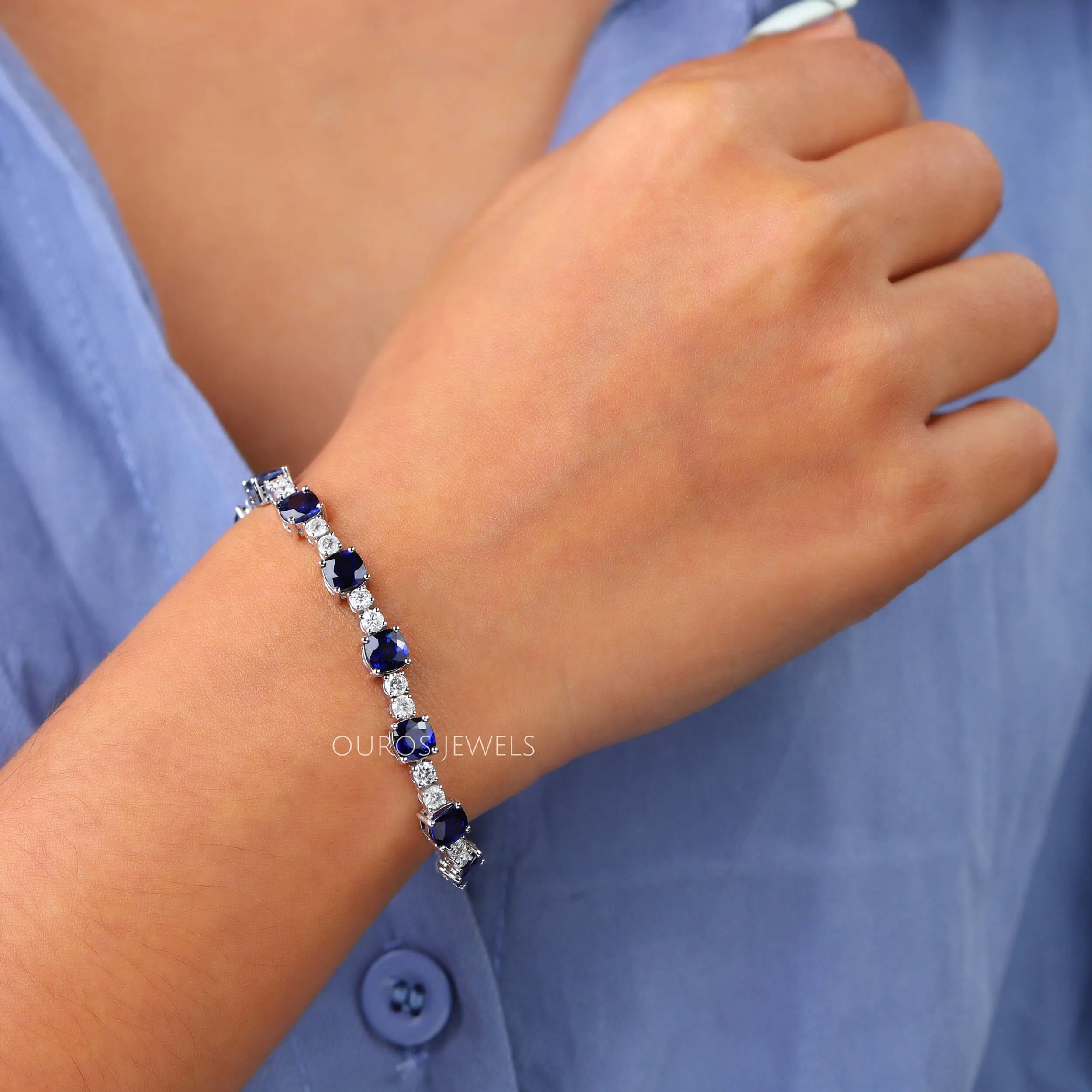 Natural Blue Sapphire Cushion Tennis Bracelet