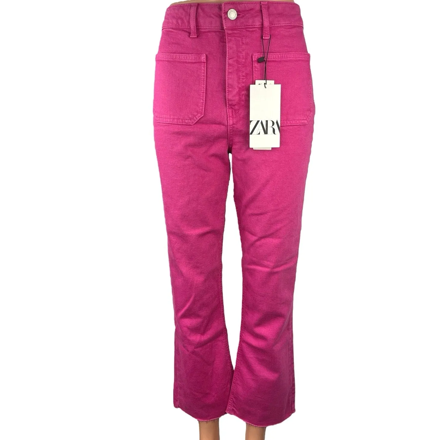 NEW Zara Sailor Flare Fuchsia Pink High Waist Frayed Crop Denim Jeans Pants Sz 6