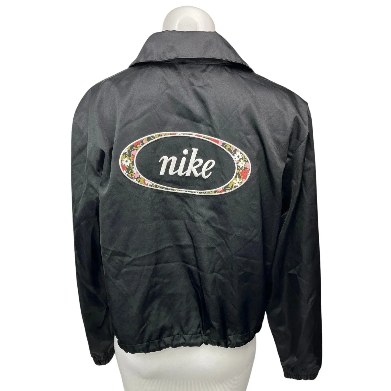 Nike Women's Black Silk Satin Button Down Embroidered Logo Bomber Jacket Top S