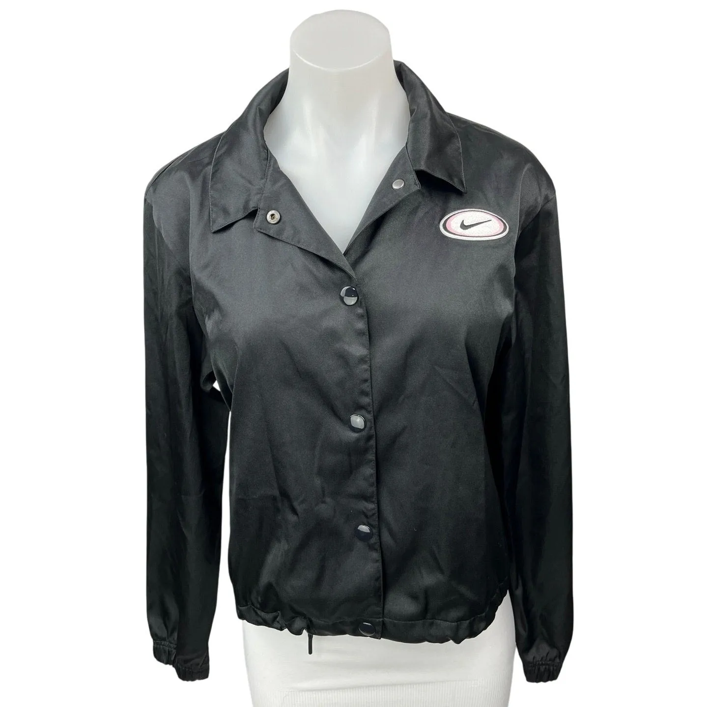 Nike Women's Black Silk Satin Button Down Embroidered Logo Bomber Jacket Top S