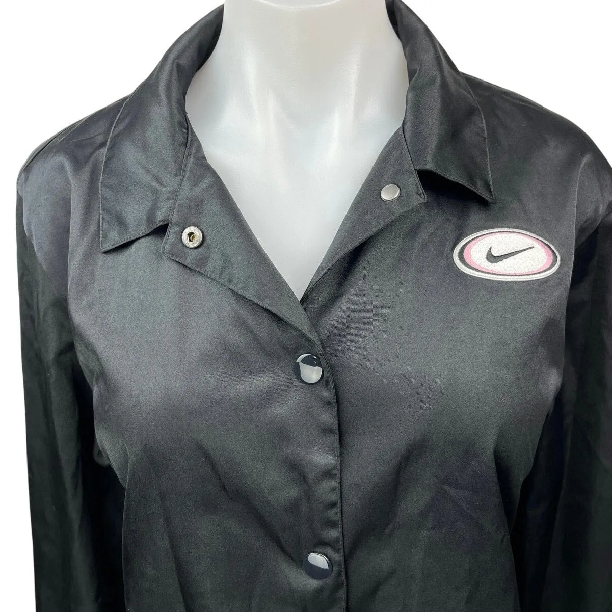 Nike Women's Black Silk Satin Button Down Embroidered Logo Bomber Jacket Top S