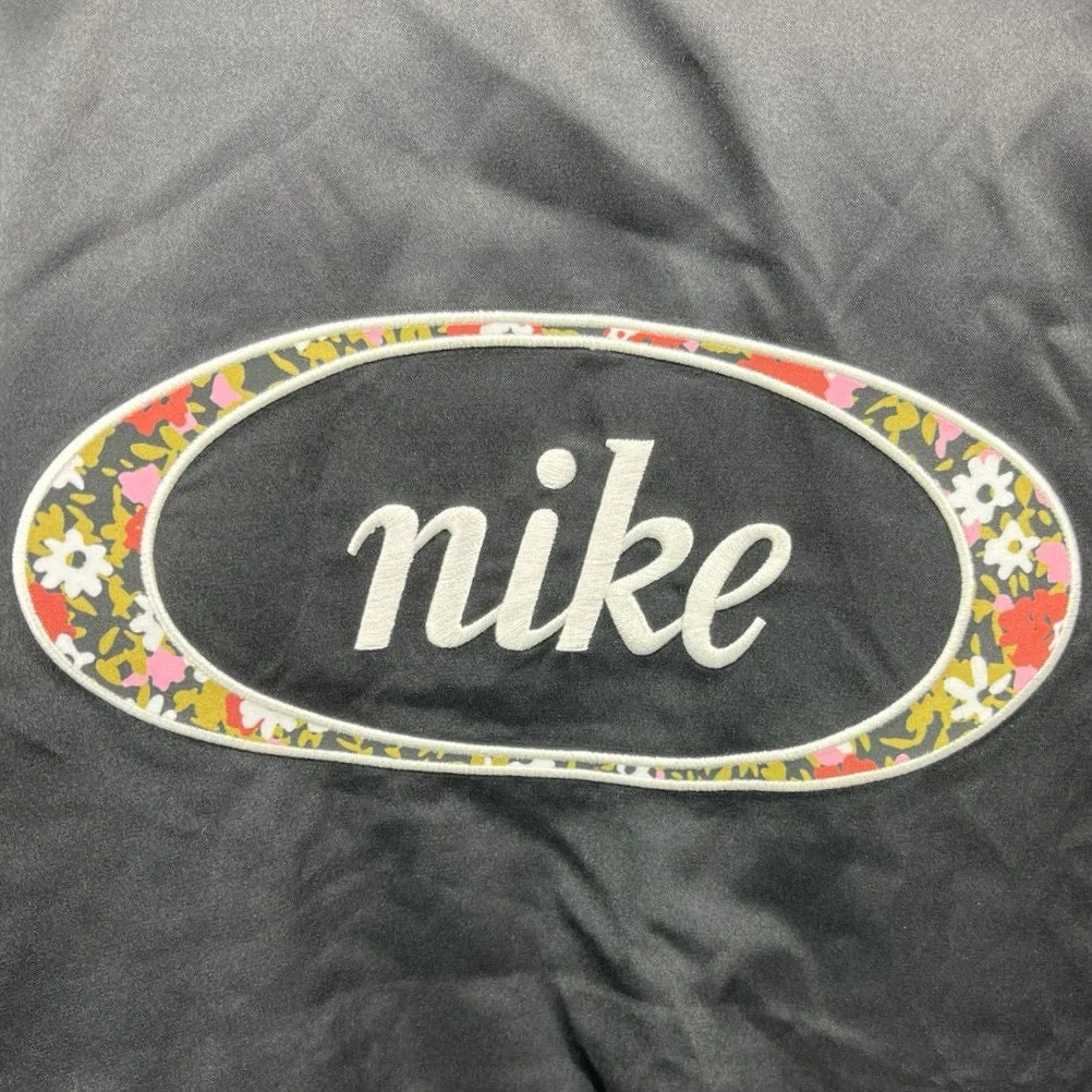 Nike Women's Black Silk Satin Button Down Embroidered Logo Bomber Jacket Top S