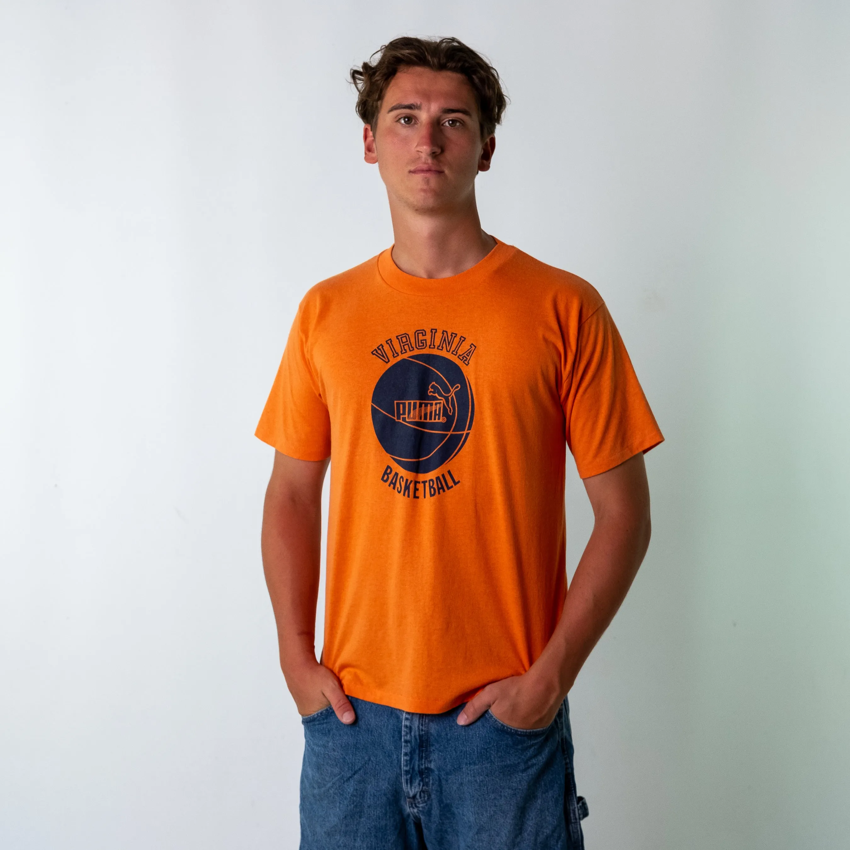 Orange 80s Puma Virgina Cal Cru Basketball Oversized Single Stitch T-Shirt (XL)