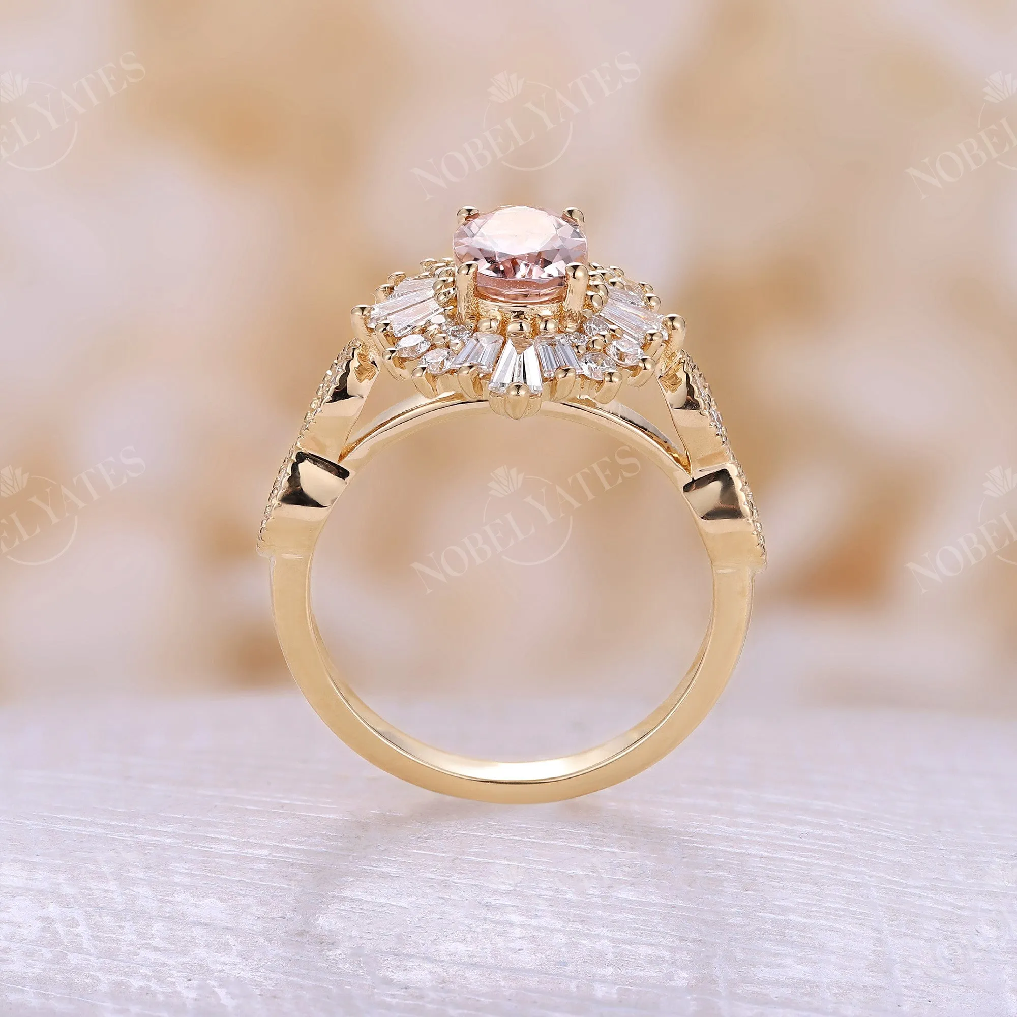 Orange Pink Morganite Oval Halo Milgrain Engagement Ring Yellow Gold Art Deco