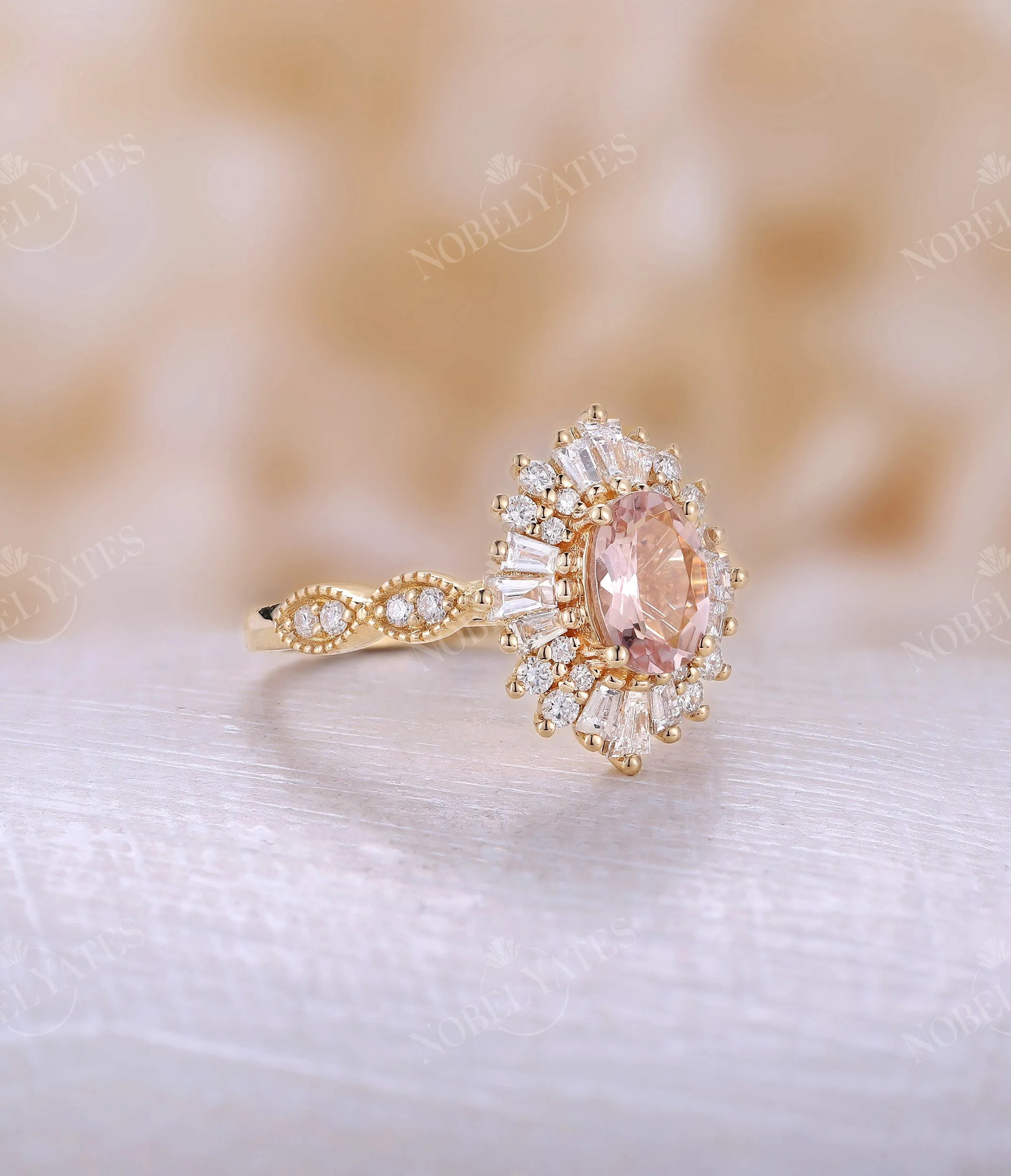 Orange Pink Morganite Oval Halo Milgrain Engagement Ring Yellow Gold Art Deco