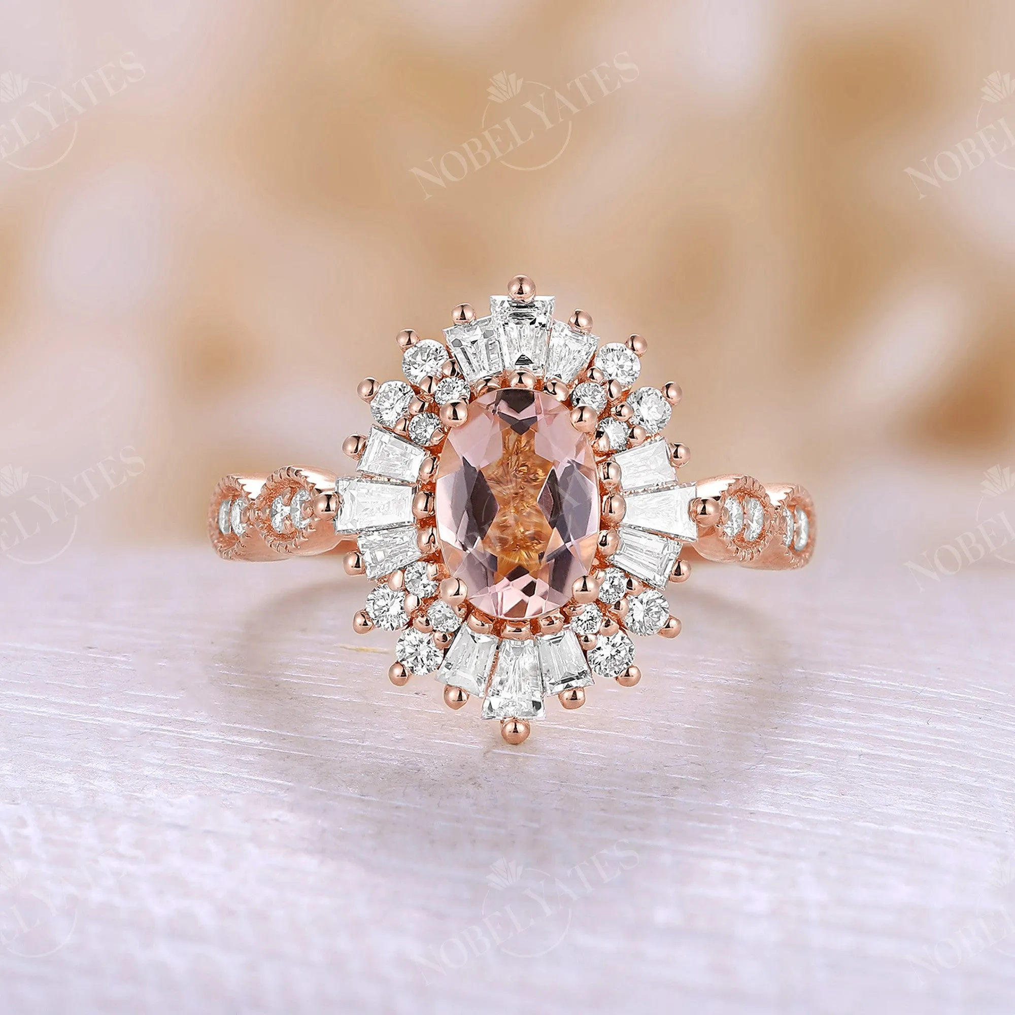 Orange Pink Morganite Oval Halo Milgrain Engagement Ring Yellow Gold Art Deco