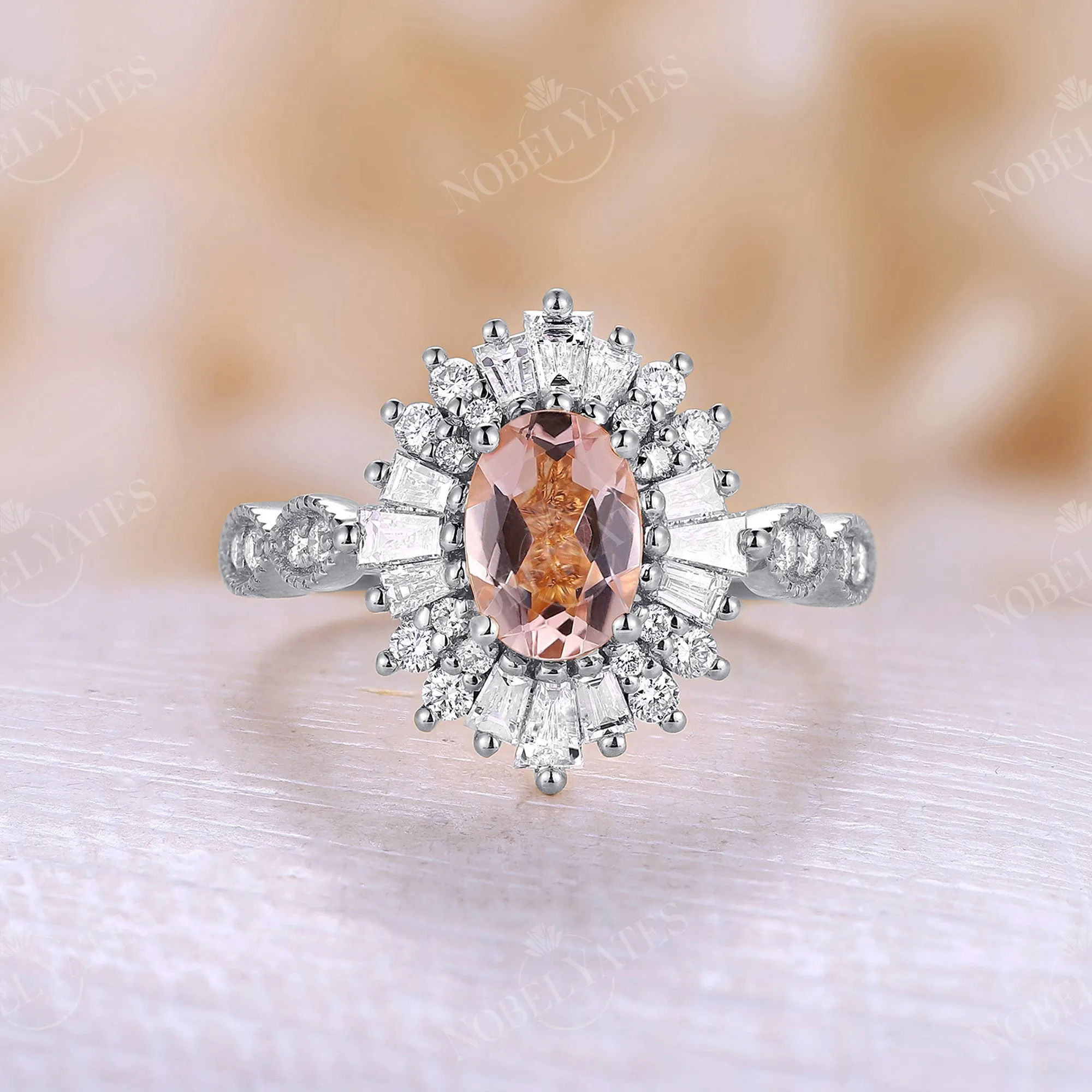 Orange Pink Morganite Oval Halo Milgrain Engagement Ring Yellow Gold Art Deco