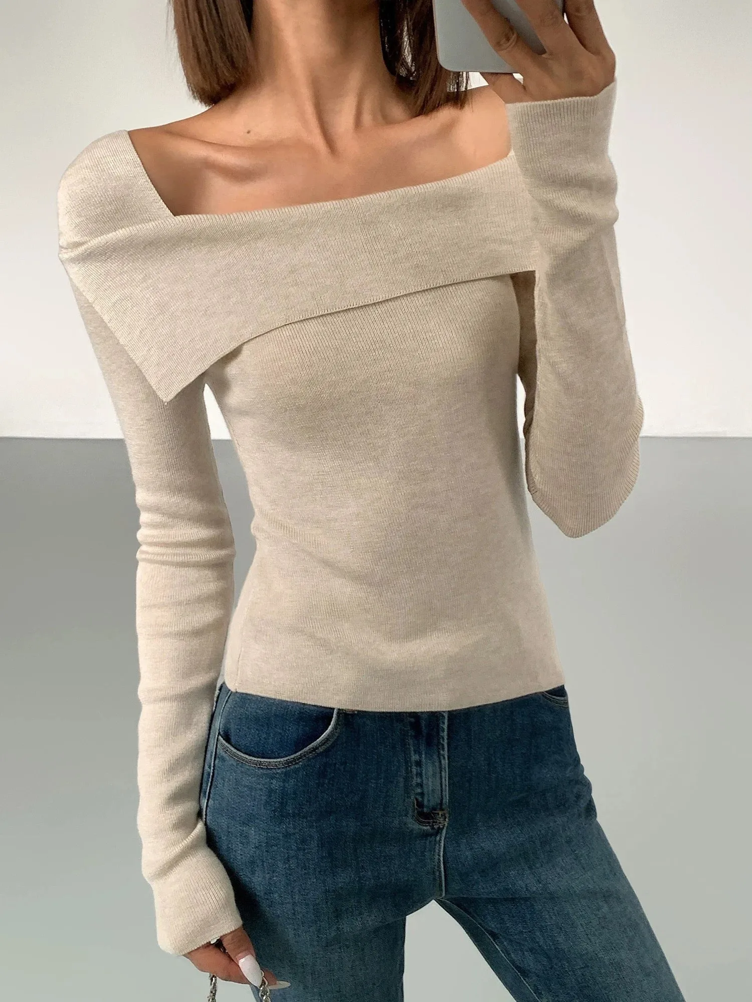 ousph black square lapel gentle style long-sleeved bottoming sweater for women autumn and winter new style waist slim gray top