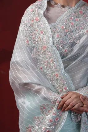Pastel Columbia Blue Organza Saree With Hand Embroidery