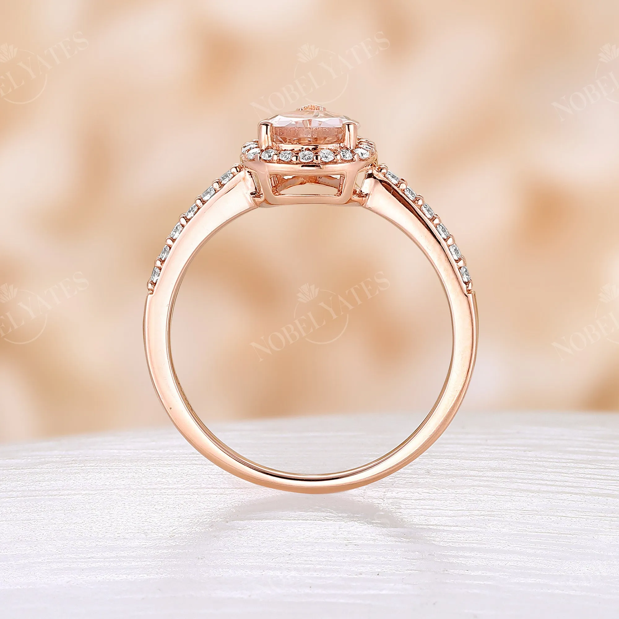 Pear Orange Pink Morganite Rose Gold Halo & Pave Engagement Ring