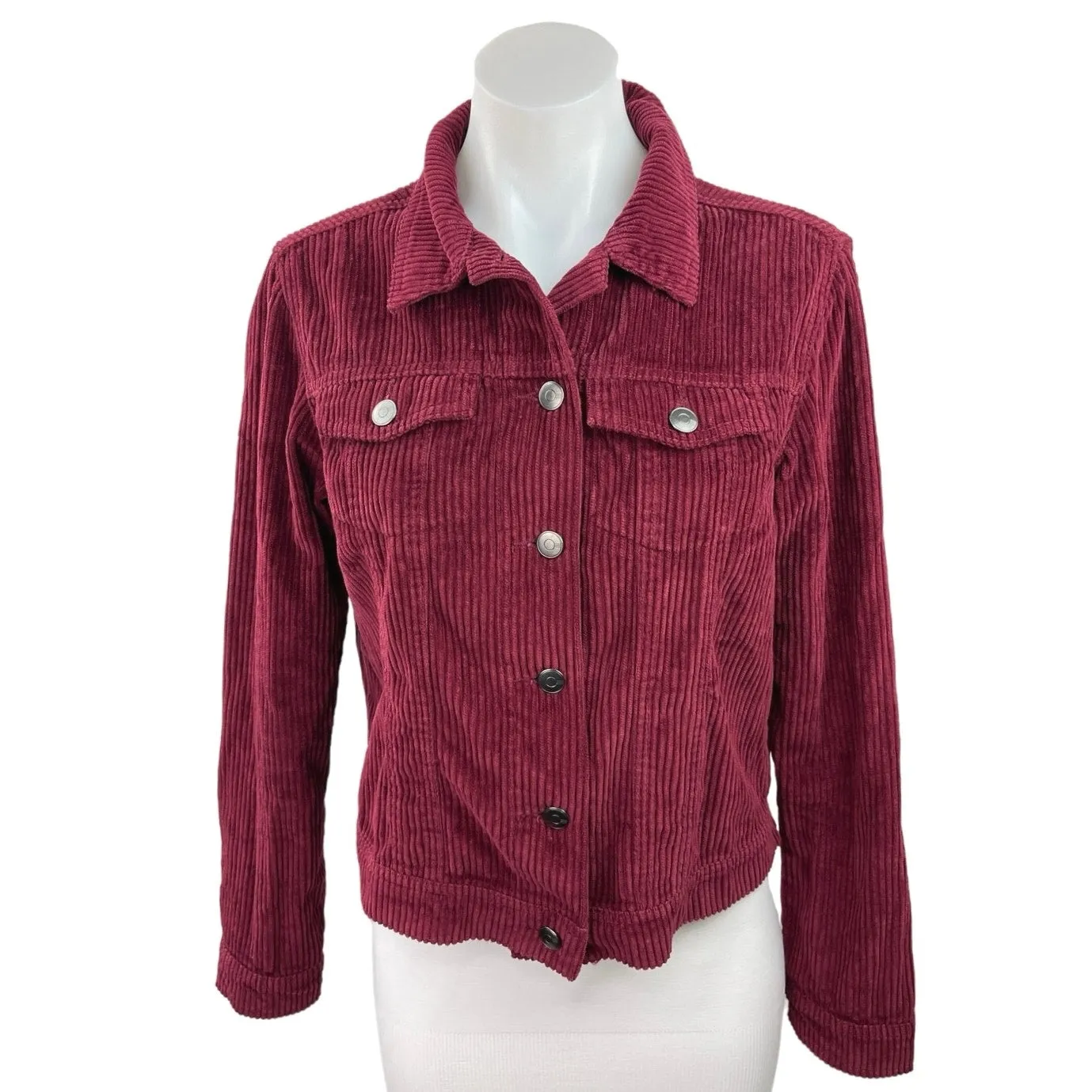 Per Se Maroon Corduroy Collared Button Down Long Sleeve Cropped Jacket Size S