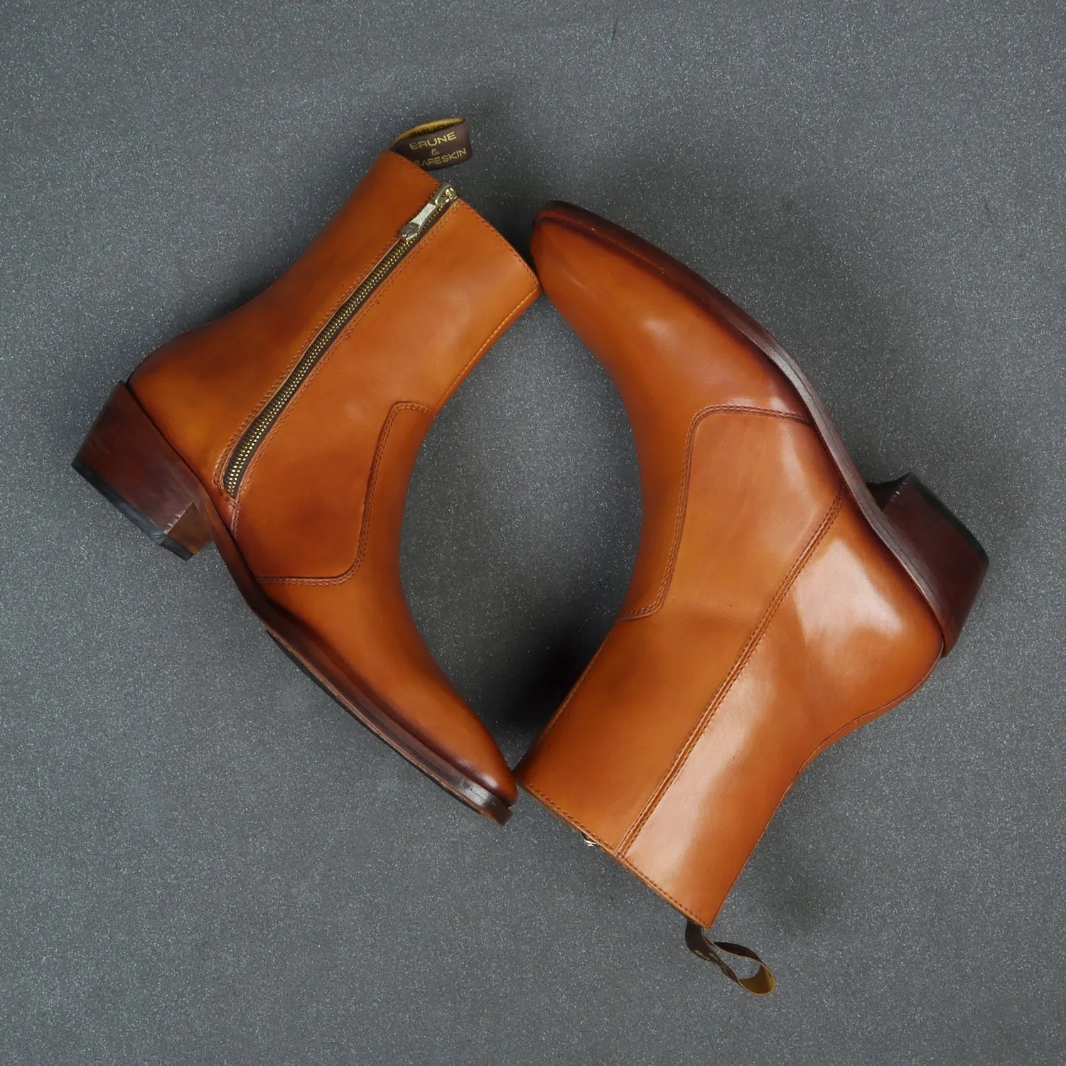 Perfect Cuban Stitched Tan Boots High Ankle Zip Closure By Brune & Bareskin