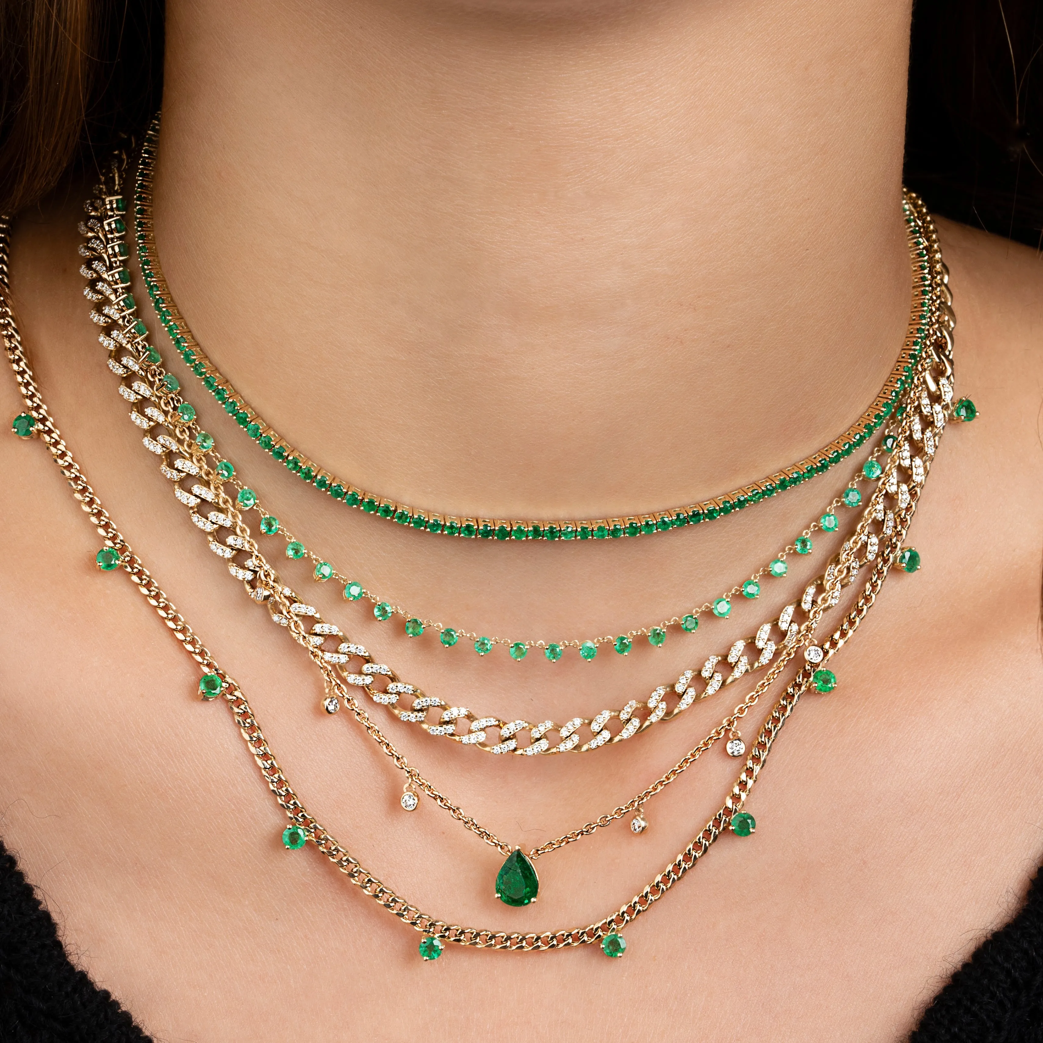 Perfect Personalized Collar Tennis Necklace - Emerald / 14k Yellow Gold