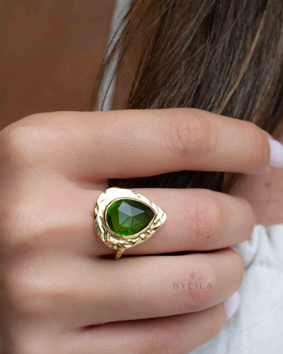 Peridot hydro Gold Plated Ring *  Statement Ring * Green Stone * Gold Ring  * Large Ring Statement * August Birthstone BJR296