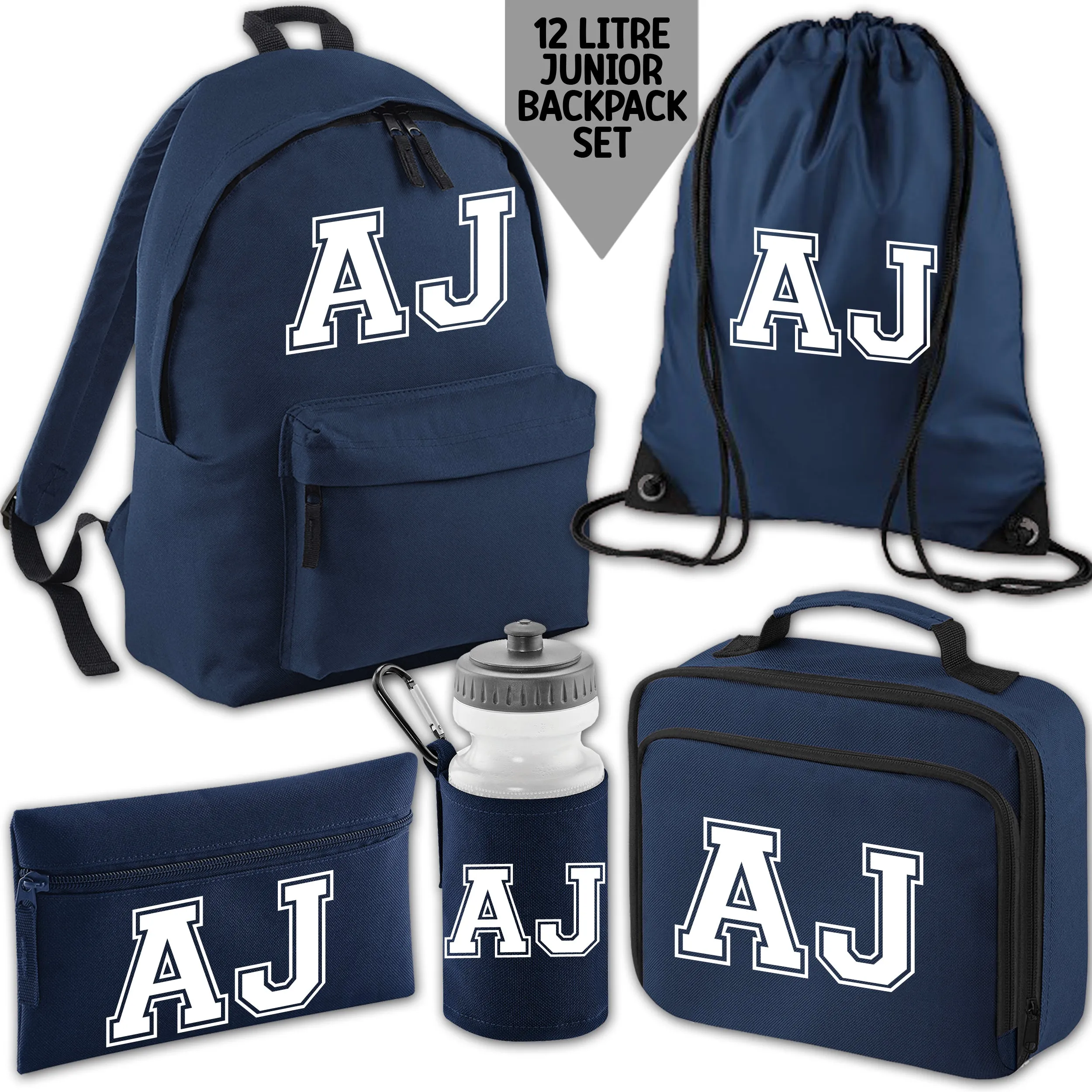 Personalised Backpack Kids School Bag Set Navy With Initials Lunch Bag Water Bottle Gym Bag Pencil Case Back To School