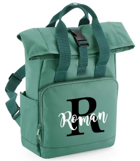 Personalised Childrens Name and Initial Backpack Twin Handle Roll-Top Bag Sage