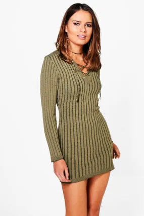 Petite Melissa Lace Up Rib Knit Sweater Dress