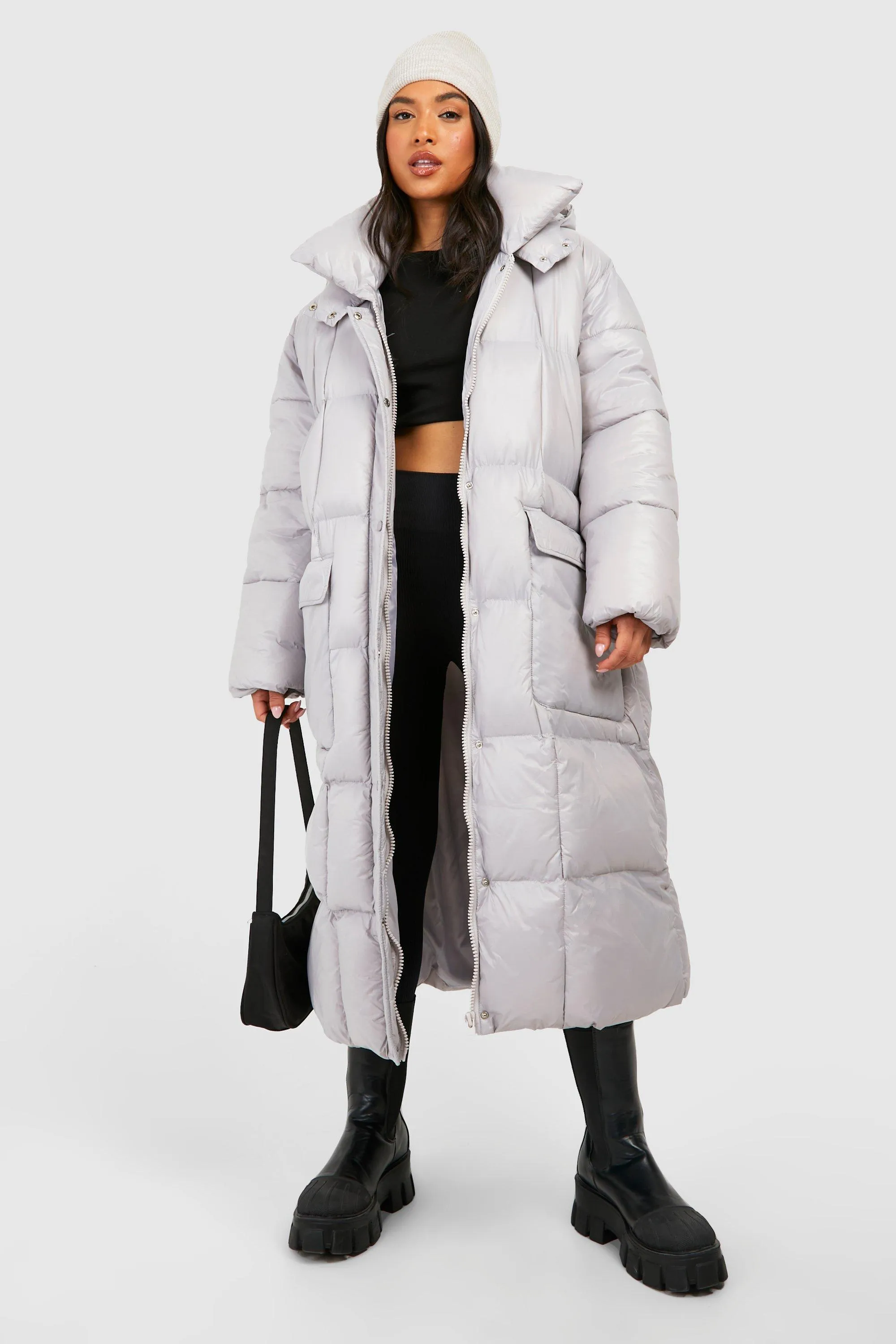 Petite Oversized Hooded Square Quilt Detail Maxi Puffer