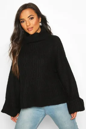 Petite Rib Knit Wide Sleeve Turn Up Cuff Sweater