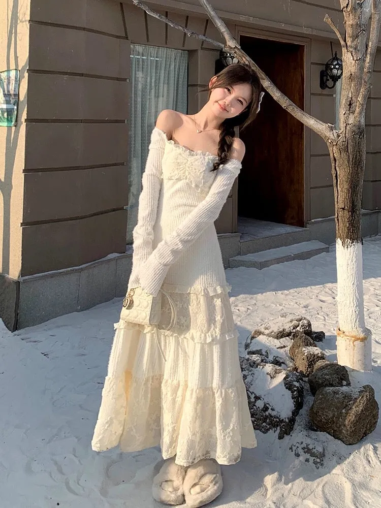 Phantom Fairy Spring Lovers Lace Spliced Sweater Long Skirt with Cake Skirt Long Sleeve Knitted Square Neck Dress