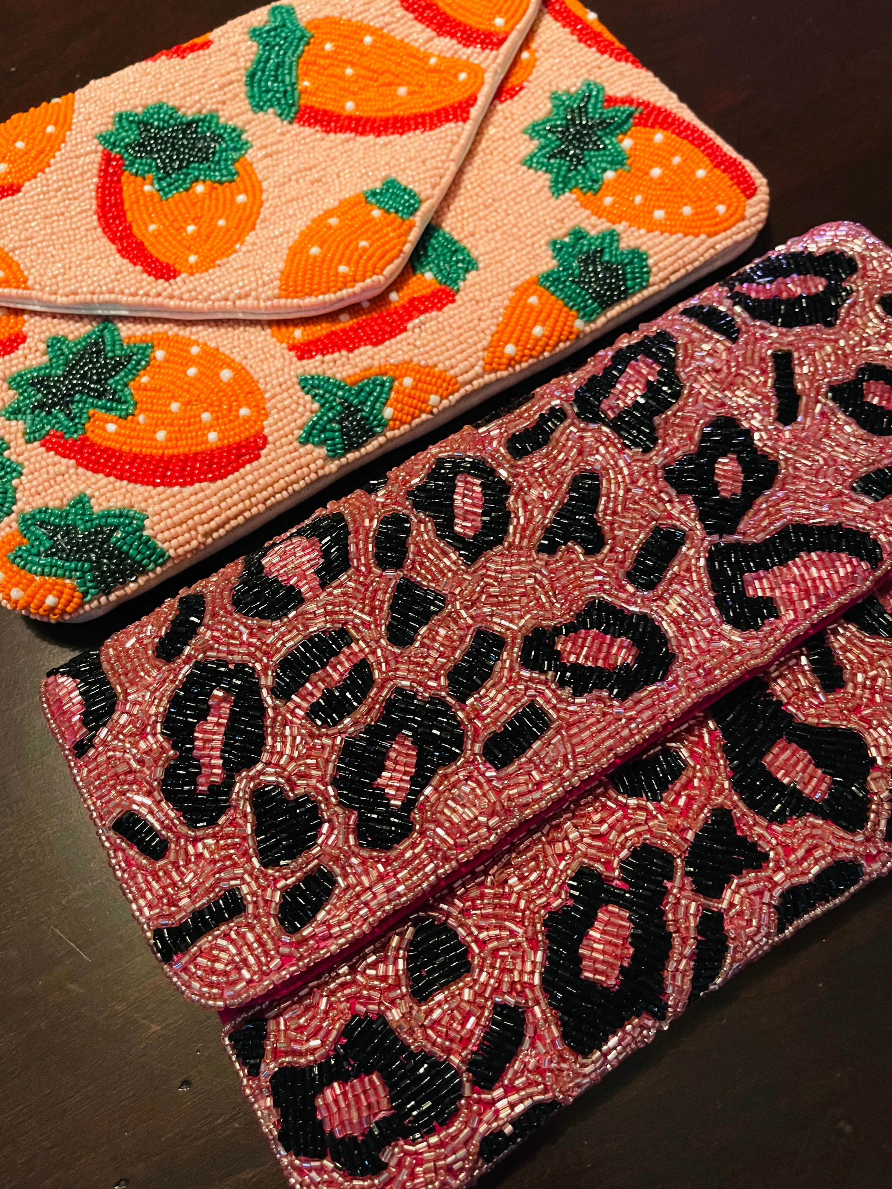 Pink Leopard Print Beaded Clutch