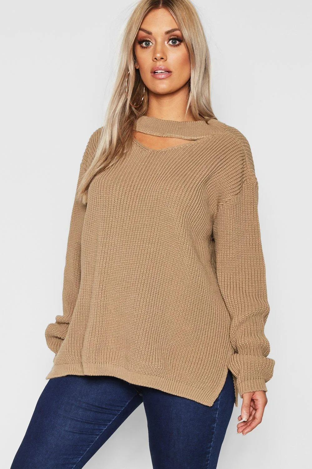 Plus Choker Side Split Sweater