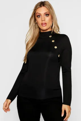 Plus Gold Button Rib High Neck Sweater