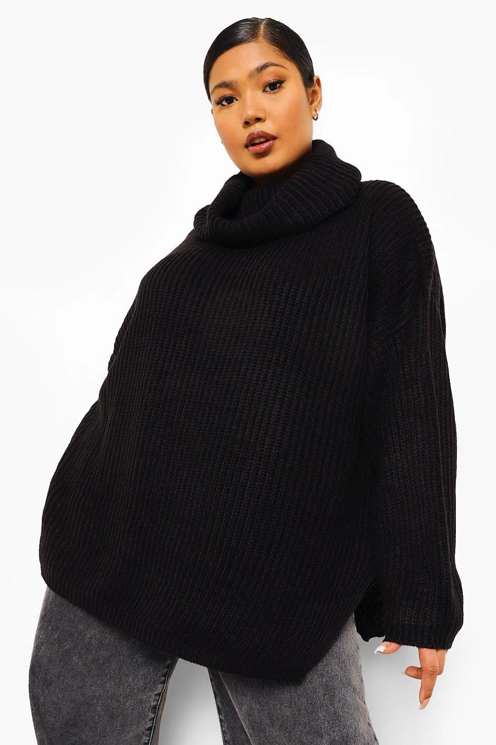 Plus Rib Knit Wide Sleeve Turn Up Cuff Sweater