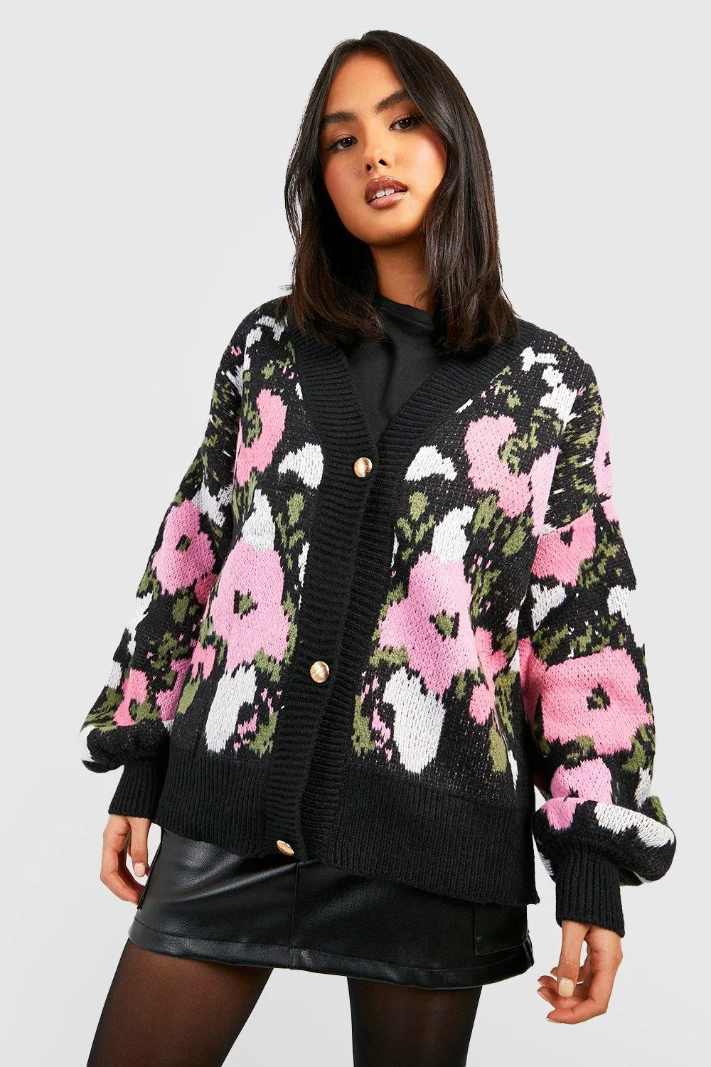 Premium Brushed Knit Floral Print Boyfriend Cardigan
