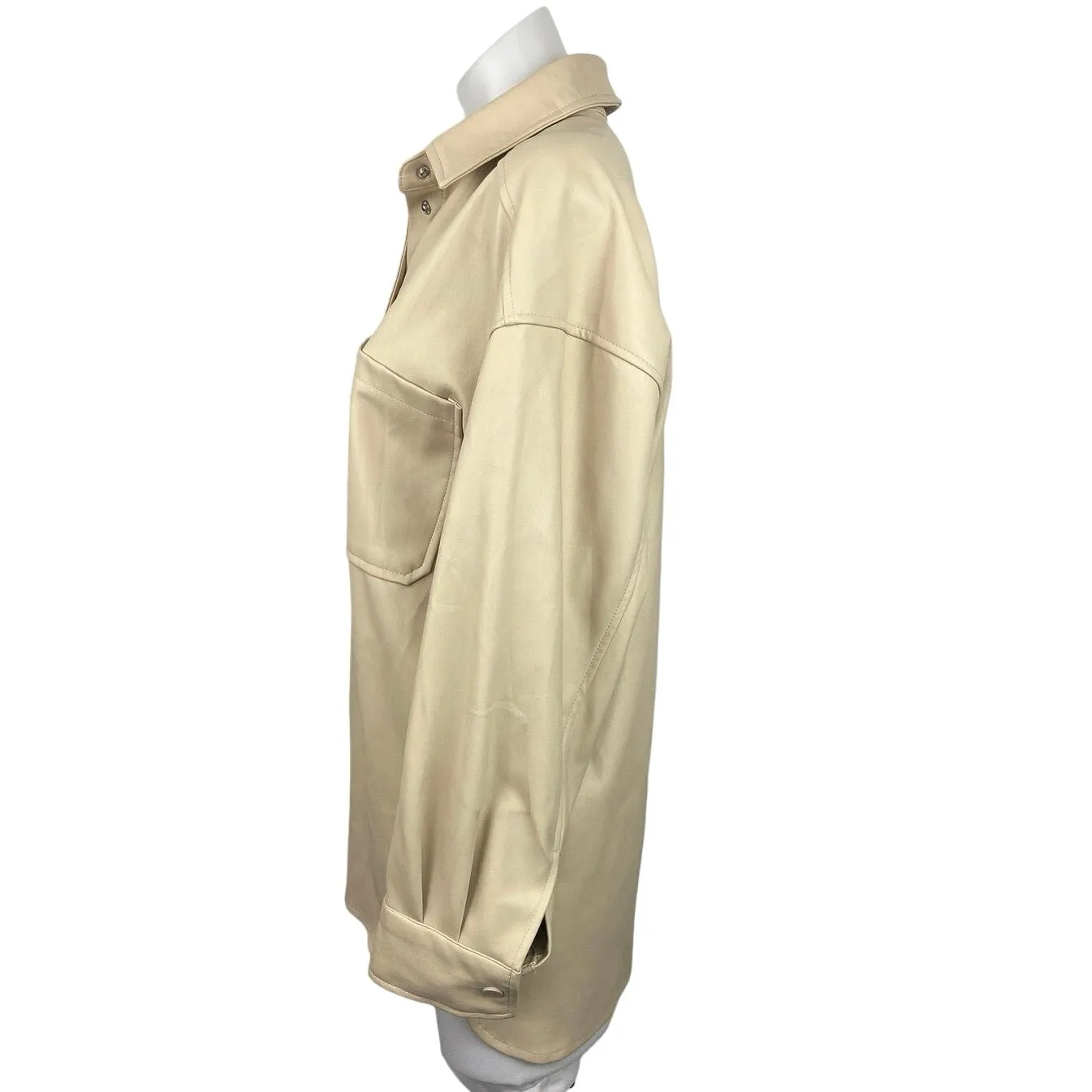 Primark Beige Faux Leather Button Down Long Sleeve Patch Pockets Collared Oversized Shaket Jacket 6