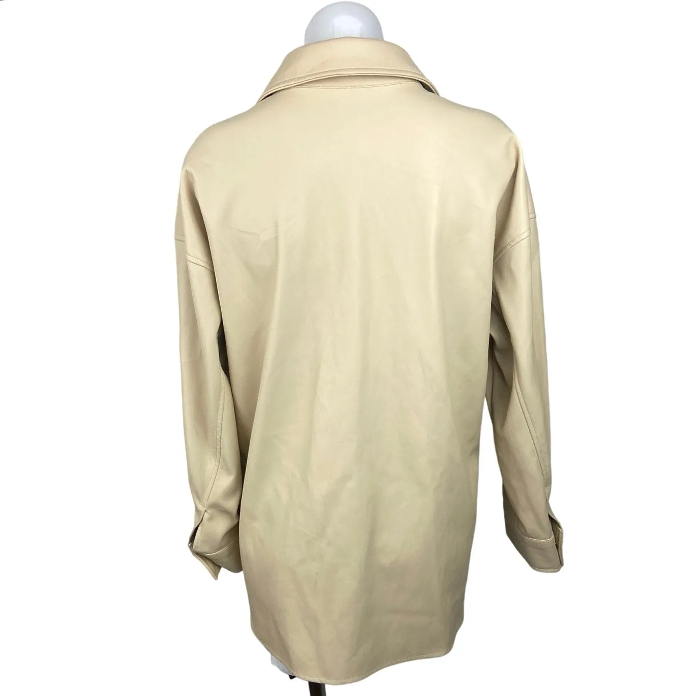 Primark Beige Faux Leather Button Down Long Sleeve Patch Pockets Collared Oversized Shaket Jacket 6