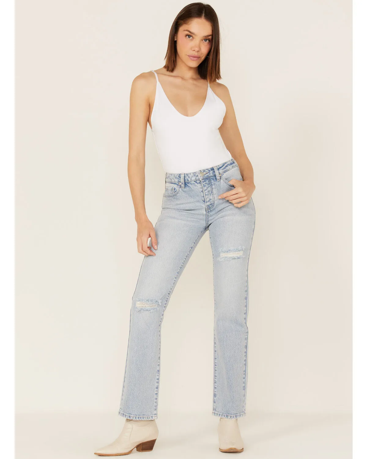 Product Name:  Cleo + Wolf Women's Light Wash High Rise Distressed Straight Jeans