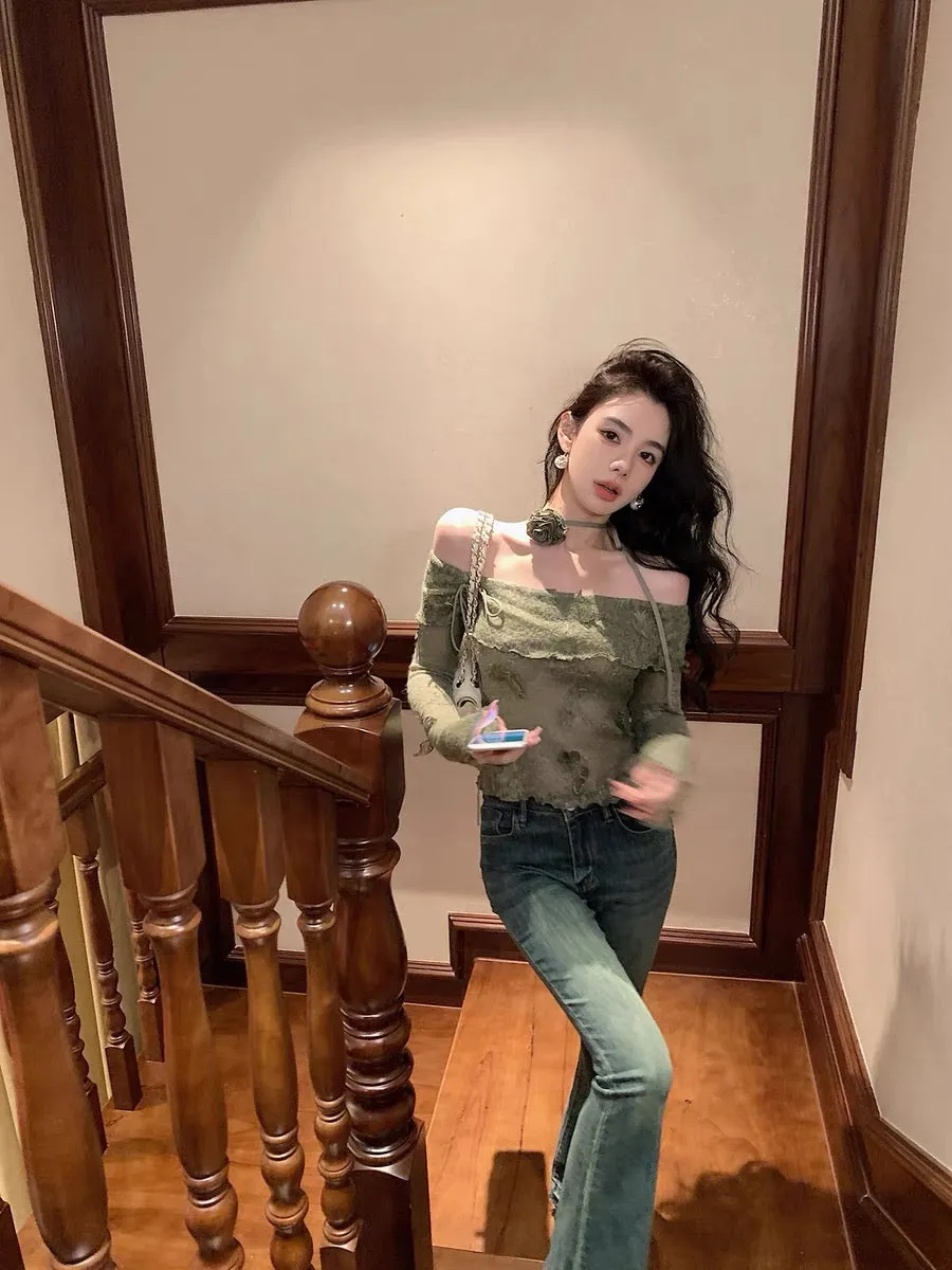 Qiu Rouyao's new autumn lace appliqué top design niche sweet one-line collar butterfly knitted sweater for women (B1913)