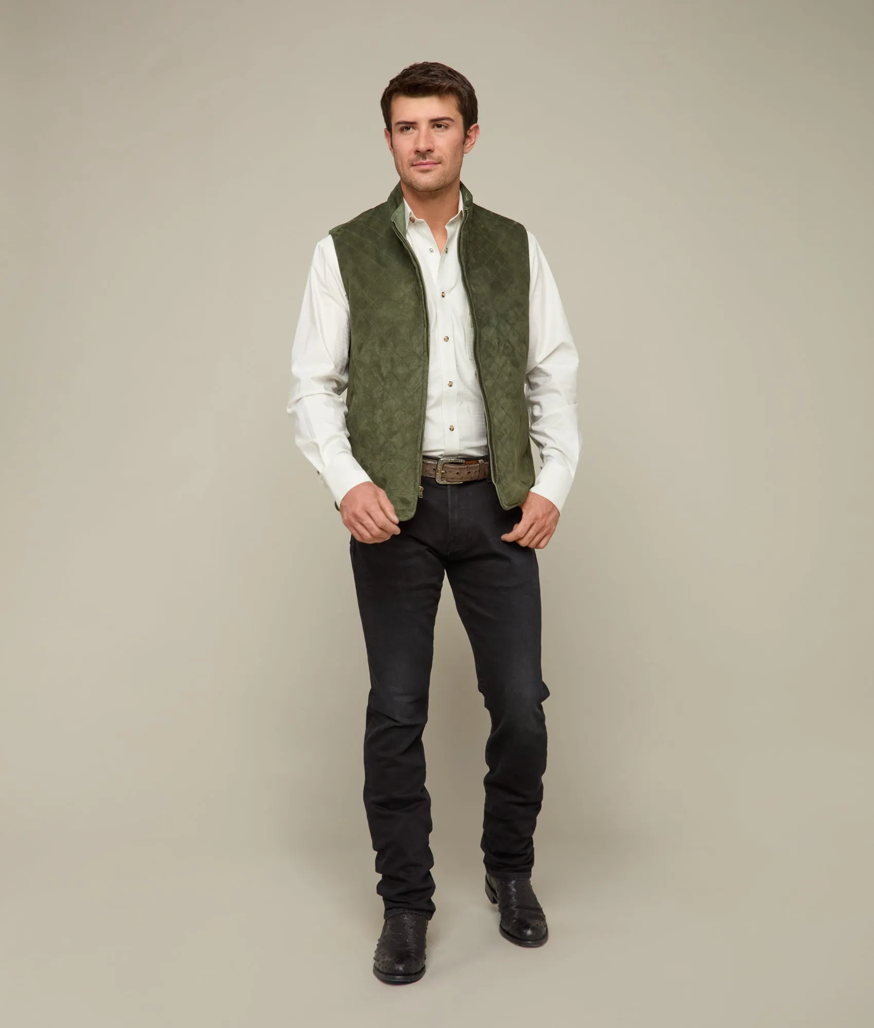 Quilted Suede Vest :: Loden