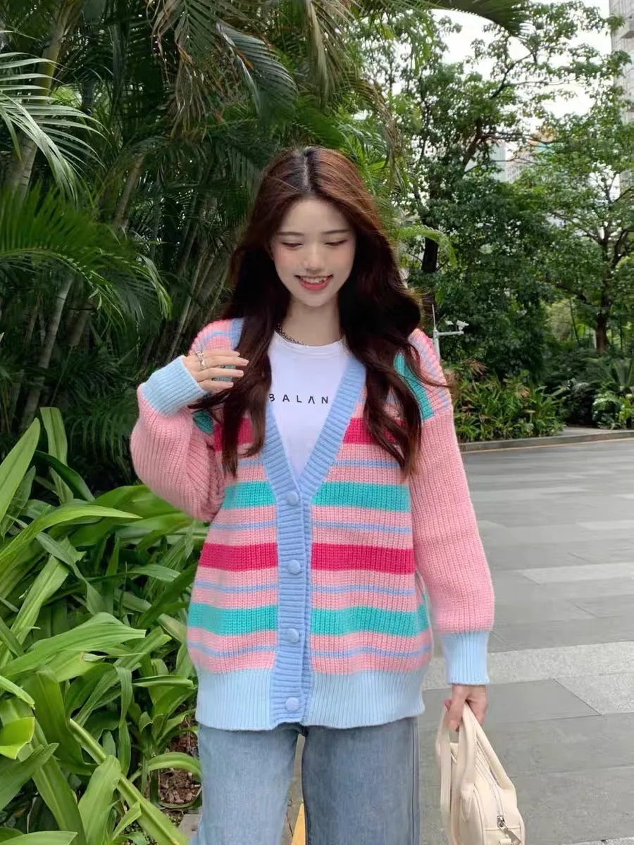 Rainbow striped sweater women's autumn and winter loose Japanese style lazy style retro oversize high-end cardigan thickened jac