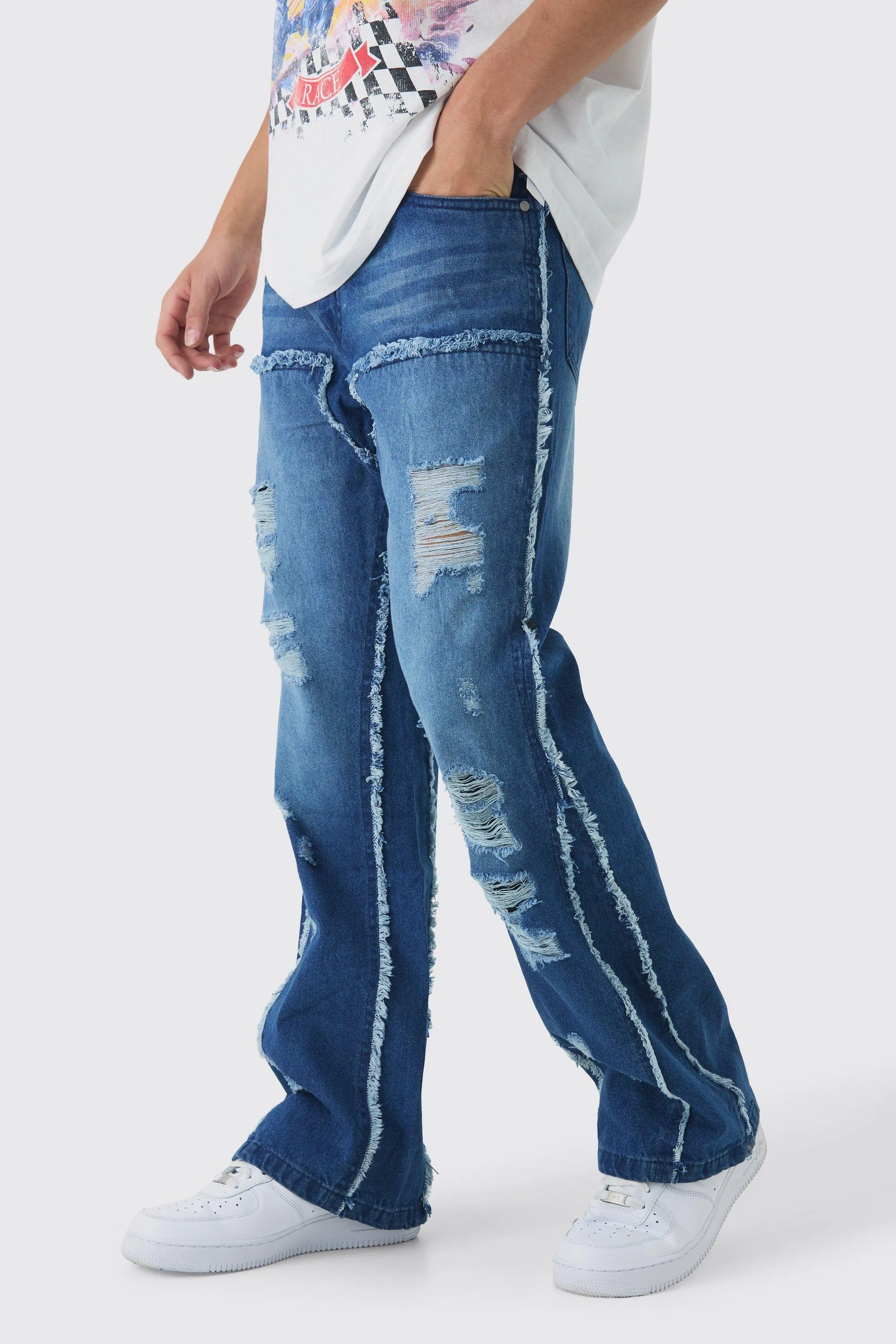 Raw Edge Rip & Repair Carpenter Panel Relaxed Fit Flared Jeans