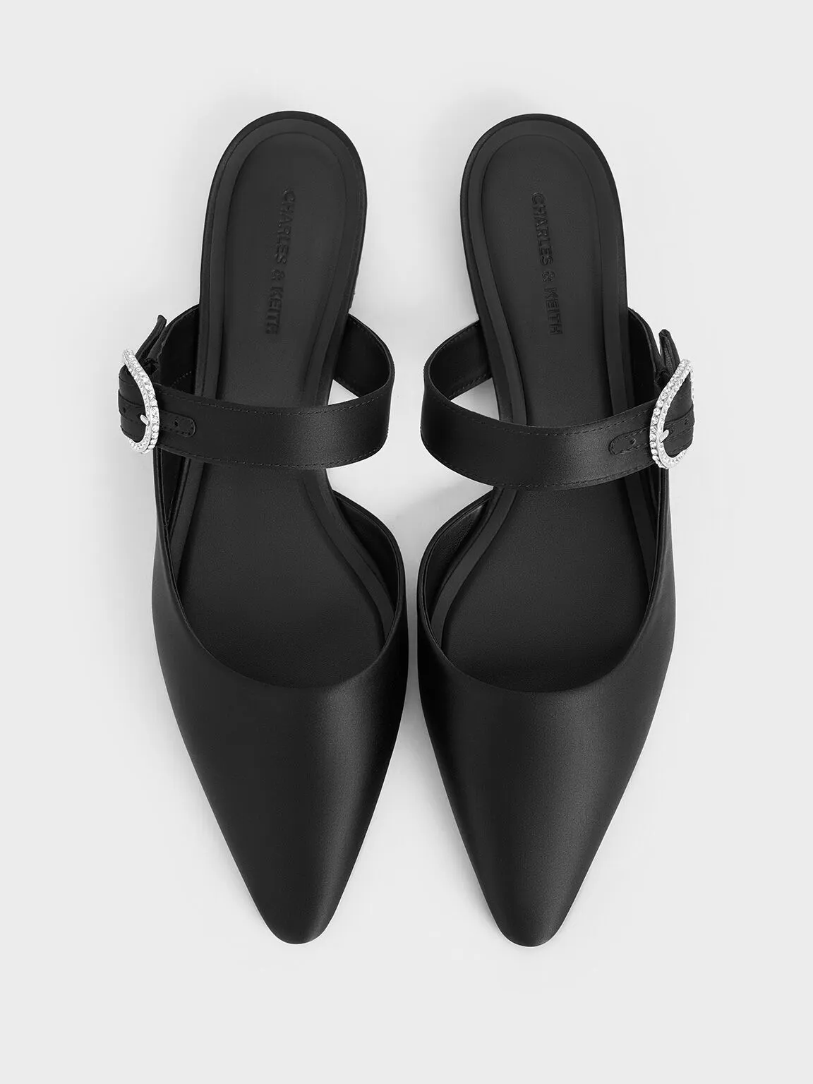 Recycled Polyester Crystal-Buckle Pointed-Toe Mules - Black Textured