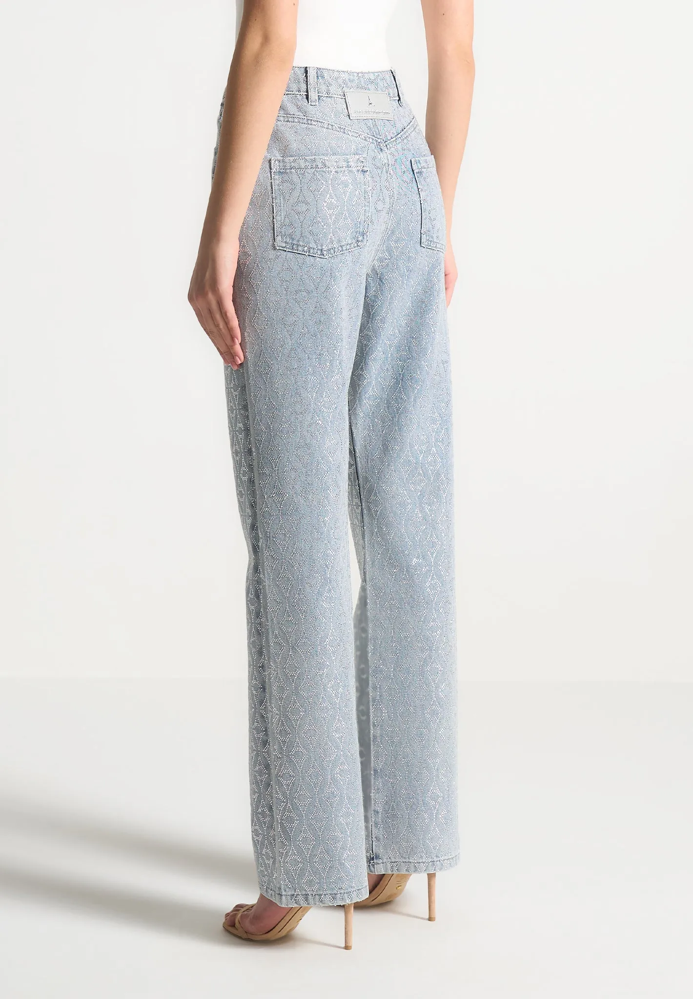 Rhinestone Eiffel Boyfriend Jeans - Mid Blue